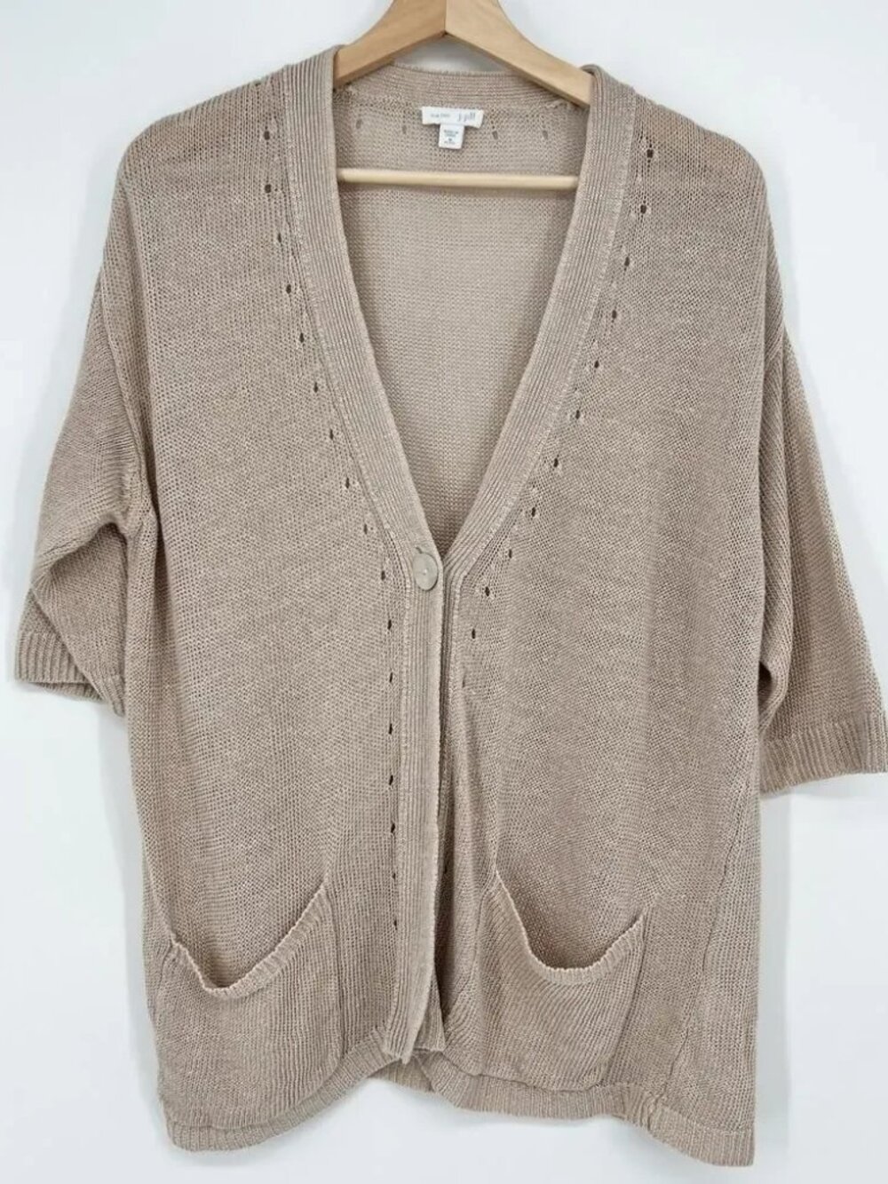 J. Jill Love 100% Linen Cardigan Medium Petite Beige One Button Knit Sweater Tan